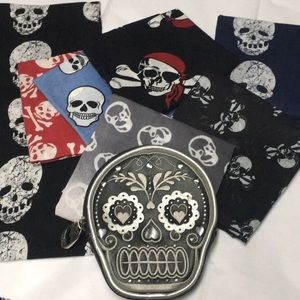 Sugar skull coinpurse and lot of 7 skull bandannas